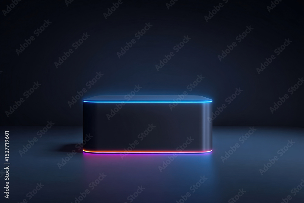 Poster sleek 3d rectangular podium with glowing edges on dark minimal background