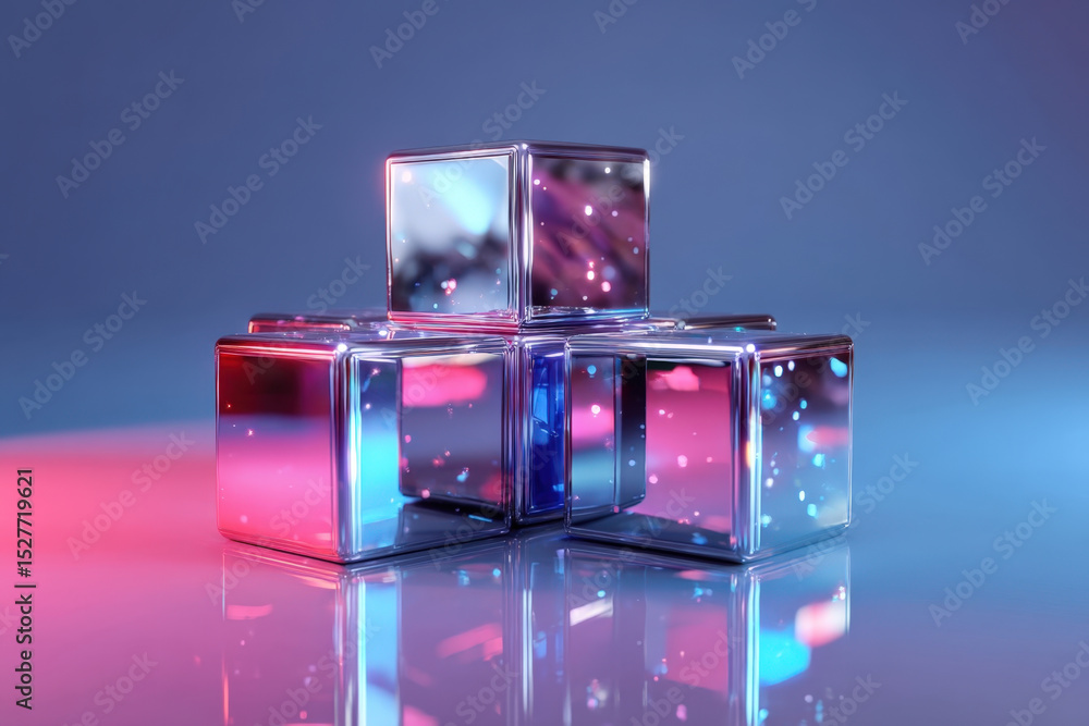 Poster futuristic chrome blocks with neon lights and mirror reflections in 3d render