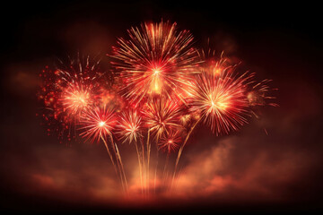 Red and gold fireworks bursting above glowing ascending columns at night