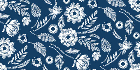 Floral Seamless Pattern with Embroidered Flowers and Leaves Vector