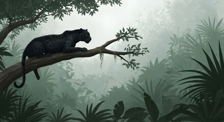Black Panther in Lush Habitat: A striking black panther, perched regally upon a branch, surveys its vibrant, green surroundings. The artwork captures the animal's grace and power.