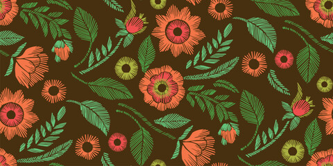 Floral Seamless Pattern with Embroidered Flowers and Leaves Vector