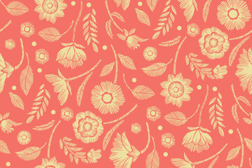 Floral Seamless Pattern with Embroidered Flowers and Leaves Vector