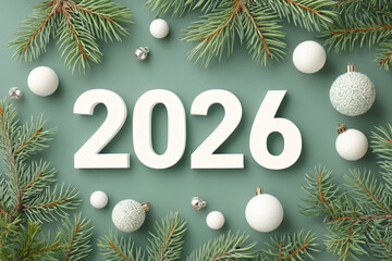 Minimalist 2026 new year greeting with pine branches and baubles on green background