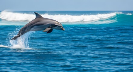 Naklejka premium Dolphin leaps from the sea: Witness the magnificent display of a dolphin gracefully leaping from the azure ocean, captured in a dynamic moment of power and joy.