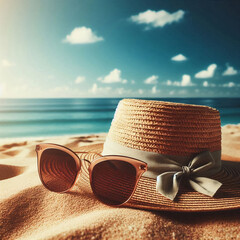 Straw hat with ribbon and brown sunglasses on sandy beach with ocean and cloudy sky in background, summer vacation concept.