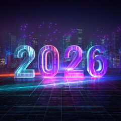 3d glowing 2026 chrome digits on futuristic neon city platform
