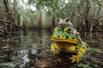 Two frogs in natural swamp habitat with one sitting on the other in tropical forest environment