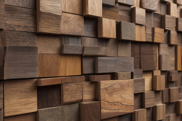 Fototapeta premium 3d wooden mosaic wall with varied blocks and warm brown wood tones