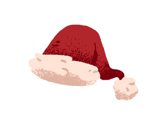Santa Claus hat with fur pompom. Red Christmas cap for celebration winter holidays. Xmas accessory, New Year headwear, headgear, clothes. Flat isolated vector illustration on white background