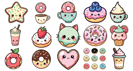 Cute kawaii desserts in pastel colors, vector illustration, perfect for stickers or kids decor