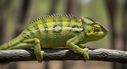Naklejka premium Chameleon on a Branch: A stunning chameleon perches on a slender branch, showcasing its vibrant, textured skin and intricate, captivating eyes.
