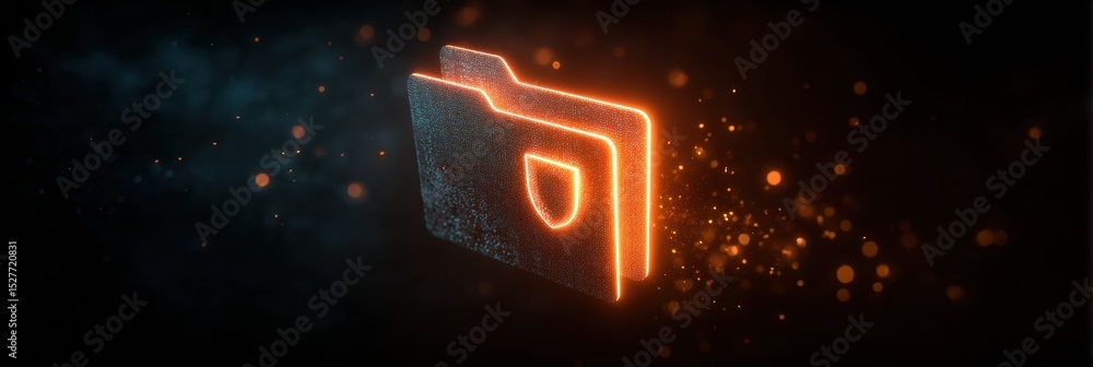 Poster Glowing Encrypted Folder Icon With Shield Symbol in Dark Cyberspace Representing Data Security and Digital Protection