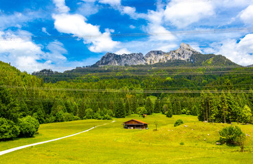 Alpine landscape panorama huts hut at Säugling Saeugling mountain Austria.
