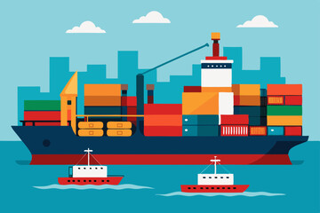 Naklejka premium Global Maritime Shipping Container Cargo Vessel and Tugboats at Sea