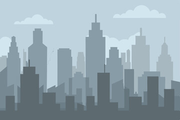 Naklejka premium Serene Cityscape A Misty Silhouette of Urban Skyline