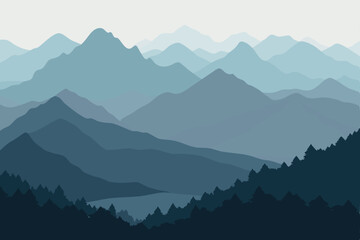 Naklejka premium Serene Blue Mountain Range A Panoramic View of Majestic Peaks and Tranquil Forests