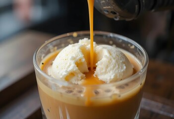 Close-up of creamy vanilla ice cream melting under a stream of espresso, affogato dessert on a dark wooden tray, coffee shop ambiance.