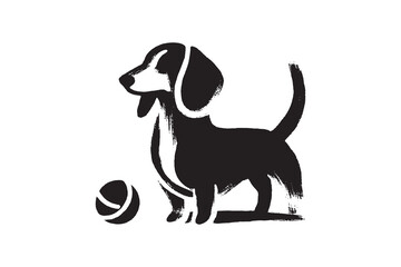 Dachshund with ball silhouette, bold ink brush style, vector illustration

