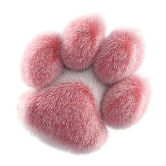 A close up of a fluffy pink and white paw print against a black background showing the texture isolated white background