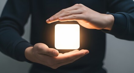 Protecting Innovation: A pair of hands gently cradles a glowing square, symbolizing the careful protection and nurturing of a new idea or innovation.