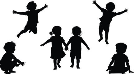 Child Silhouettes: Joyful Play, Jumping, and Holding Hands in Whimsical Scenes flat vector illustration