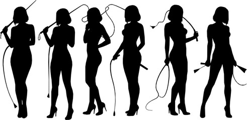Young sexy woman standing with a whip. flat vector silhouette
