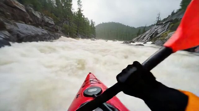 A red kayak navigates through a rushing river surrounded by rocky cliffs and lush green trees under an overcast sky, capturing the thrill of adventure.