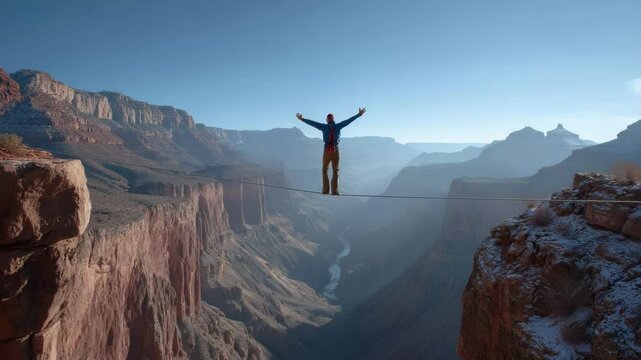 A man highlining across the Grand Canyon, capturing the spirit of adventure and human potential.