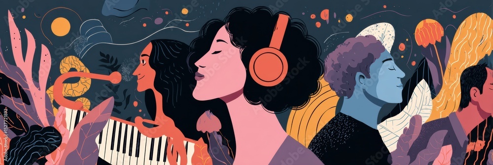 Poster highlighting hispanic contributions to music and art through vibrant visuals and cultural expression