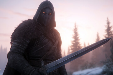Mysterious warrior in black armor and glowing eyes holding sword in forest.