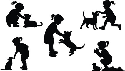 Child and Pet Silhouettes: Playful Interaction, Bonding, and Love Between Kids and Animals flat vector illustration