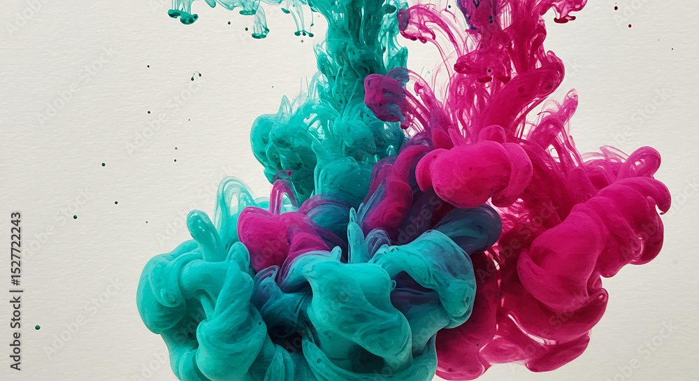 Poster an abstract collision of vibrant teal and magenta ink clouds in water. a dynamic concept of mixing f