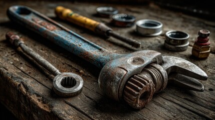 Vintage Tools Resting on Weathered Wood Surface in Moody Lighting Scenario