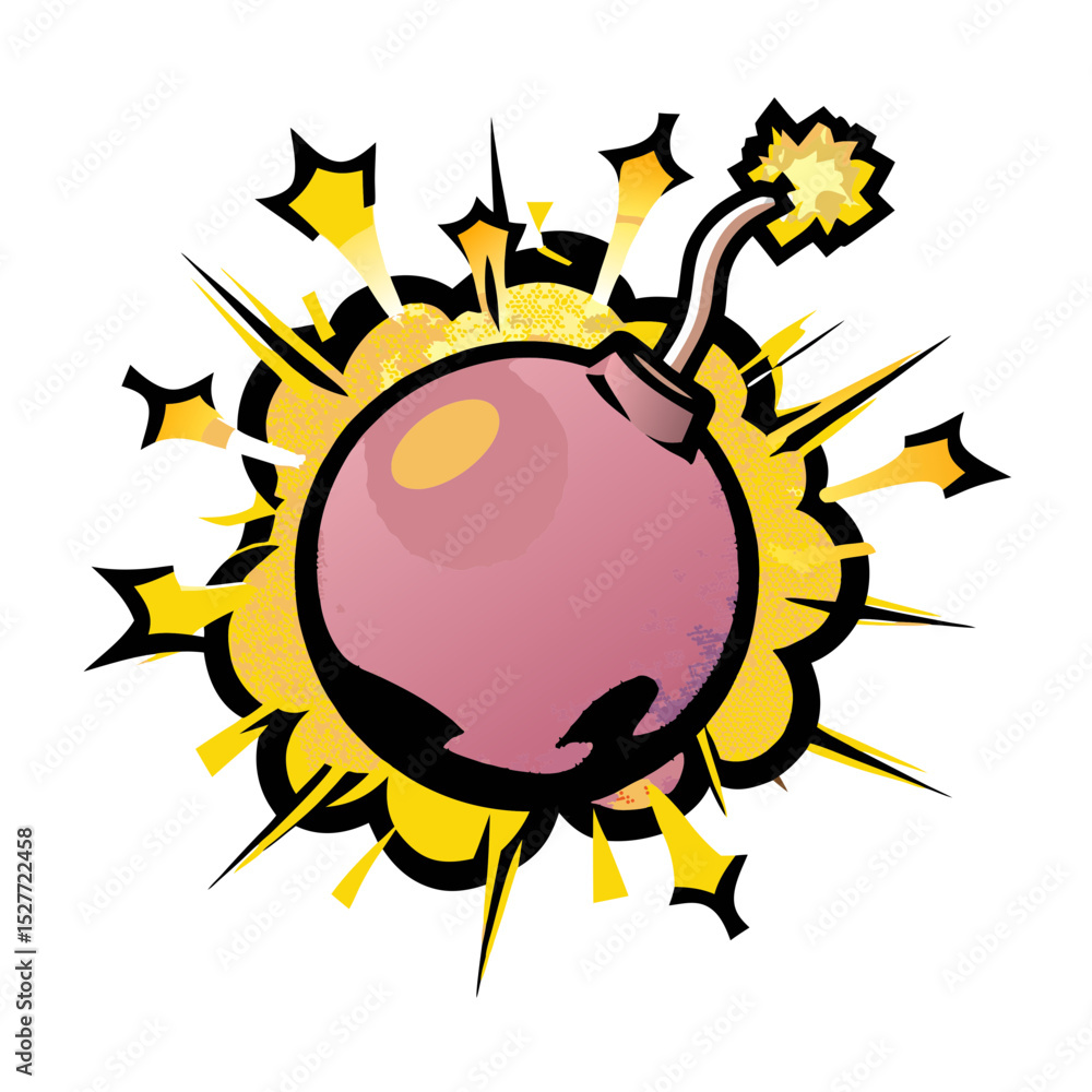 Poster exploding round bomb with sparks in comic book style, isolated vector image on transparent backgroun