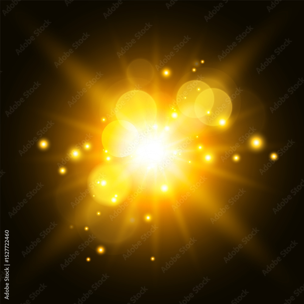 Poster vibrant abstract glowing golden light burst with lens flares and bokeh effects. vector illustration.