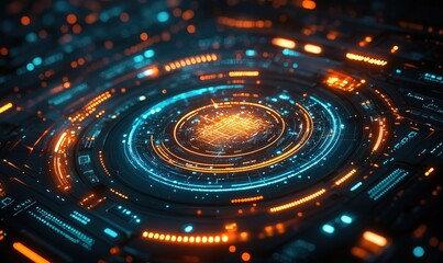 Futuristic circuit board with glowing holographic rings