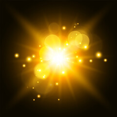 Vibrant Abstract Glowing Golden Light Burst with Lens Flares and Bokeh Effects. Vector illustration.