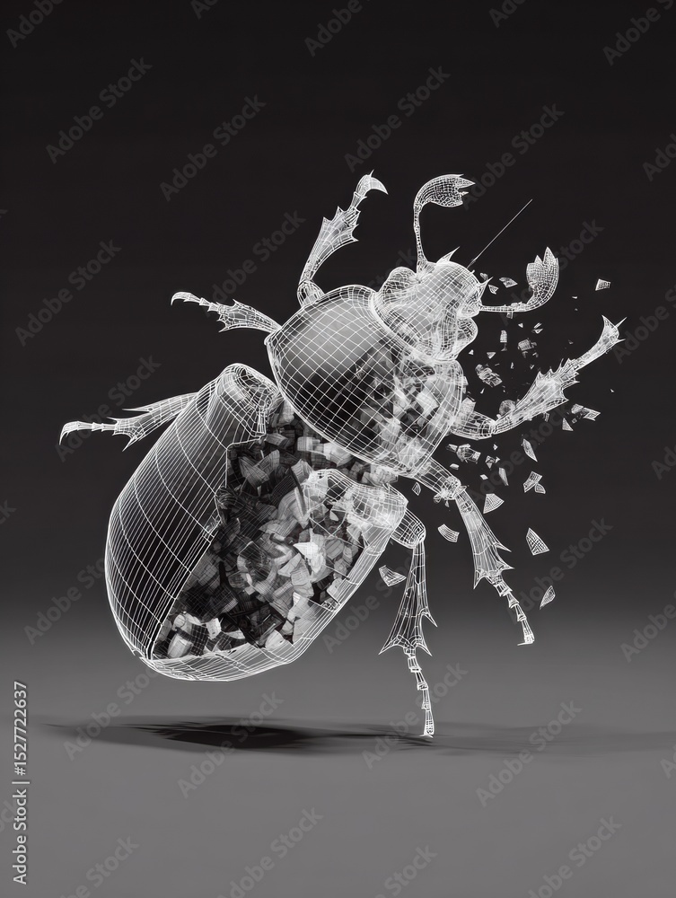Poster 3D Wireframe Bug Symbol Breaking Apart Showcasing Digital Art and Design Concepts in an Abstract Representation