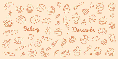 Hand drawn bakery and dessert doodle set with cakes, bread, muffins, and pastries. Cute linear vector clipart on beige background.