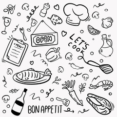 Fish, wine, doodle set of elements for cooking for restaurant menus and cooking
