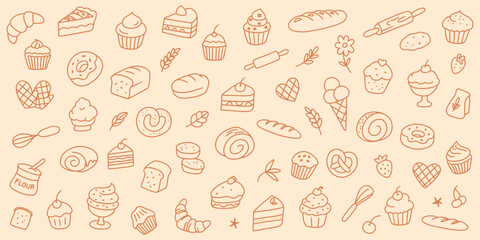 Hand drawn bakery and sweets doodle set with cakes, muffins, croissants, bread, and desserts. Linear pastry collection on beige background.