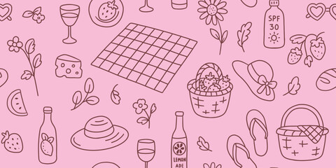 Hand drawn summer picnic doodle pattern with baskets, fruits, wine, hats, flowers, and flip-flops. Linear vector on pink background.