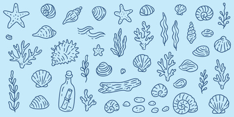 Hand drawn sea life doodle set with shells, corals, seaweed, starfish, driftwood, and bottle. Nautical vector clipart on blue background.