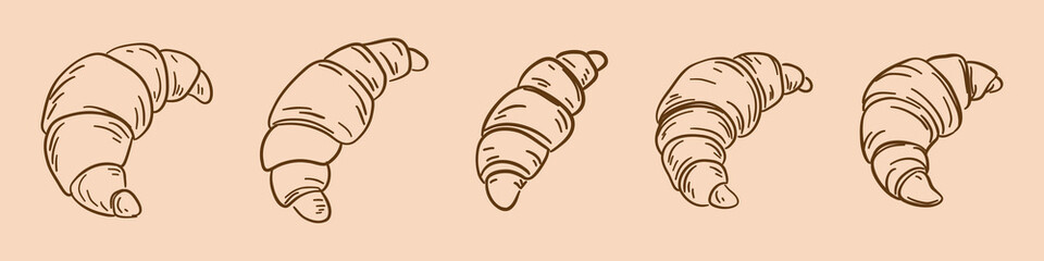 Hand drawn vector set of croissants in different shapes and angles. Linear bakery sketch on beige background, perfect for pastry design.