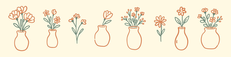 Hand drawn flower vase set with simple floral doodles in pastel colors. Vector linear botanical illustration on light background
