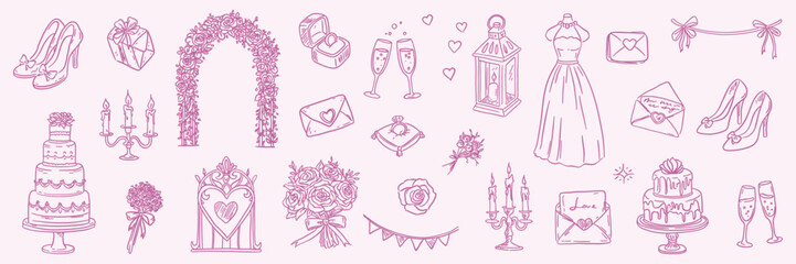 Hand drawn wedding clipart set with dresses, rings, cake, decor, and couple. Romantic linear bridal collection on soft background.