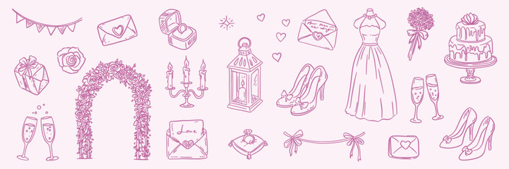 Hand drawn wedding clipart set with dresses, rings, cake, decor, and couple. Romantic linear bridal collection on soft background.
