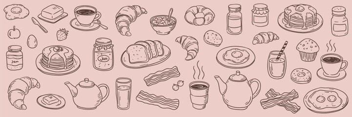 Hand drawn breakfast doodle set with coffee, eggs, toast, croissants, jam, tea pots and pastries. Vector sketch on pink background.