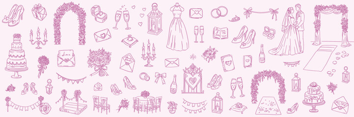 Hand drawn wedding clipart set with dresses, rings, cake, decor, and couple. Romantic linear bridal collection on soft background.